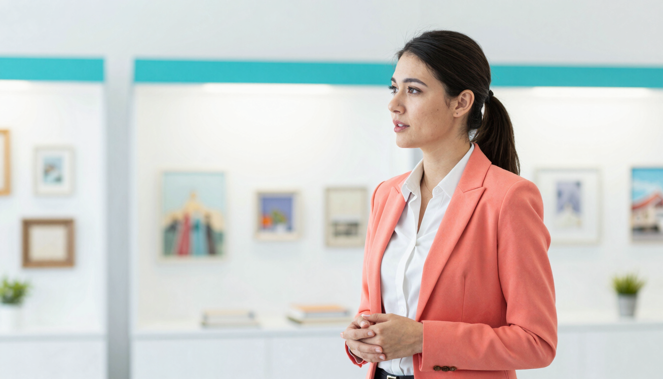 Bright editorial photography, a professional female corporate representative talking to an artisan in a clean modern exhibition hall, daylight, sharp focus.