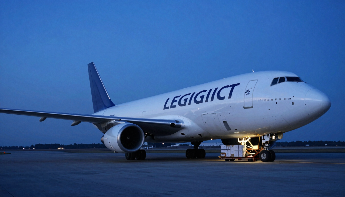 Low-angle shot of a cargo plane loading freight on a twilight runway, cool blue tones, crisp high-contrast lighting, 35mm