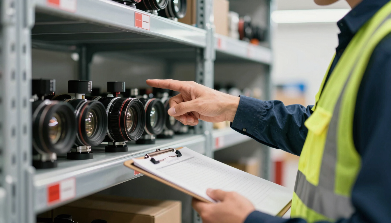 Close-up shot of a worker in a high-visibility vest holding a clipboard, pointing to a newly organized metal storage rack with clear red aisle labels, bright industrial lighting.