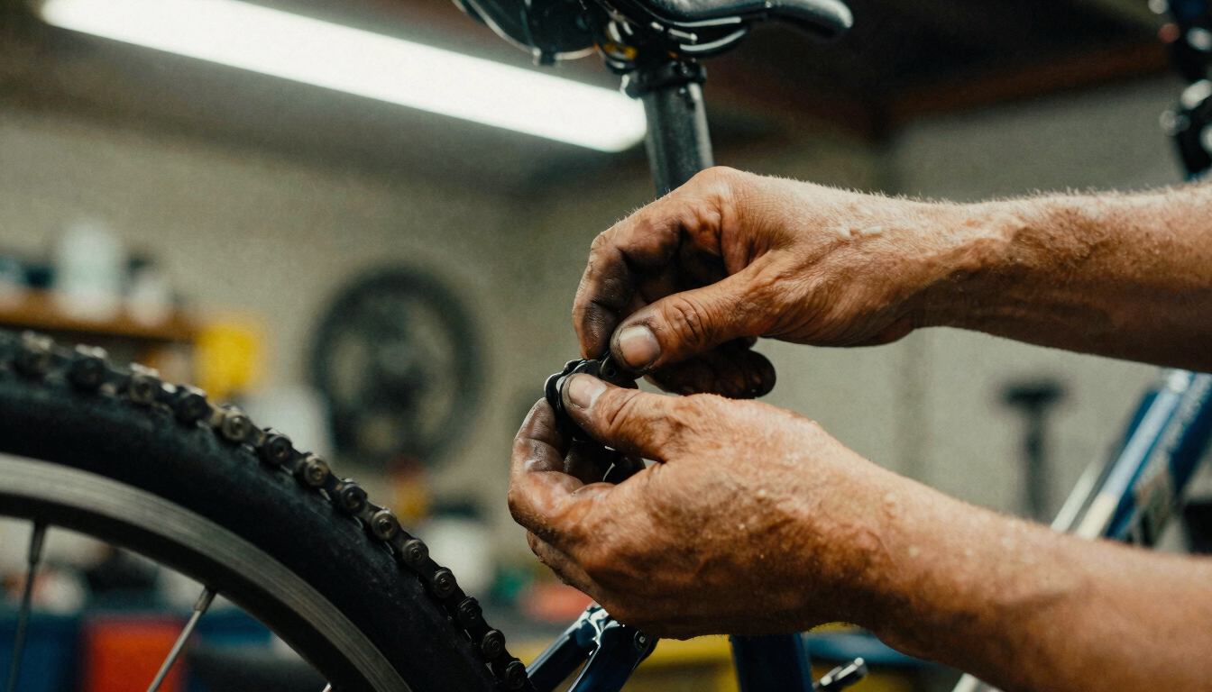 Close-up of grease-stained hands adjusting a bicycle chain inside a raw workshop, warm lighting, high contrast, 35mm film grain.