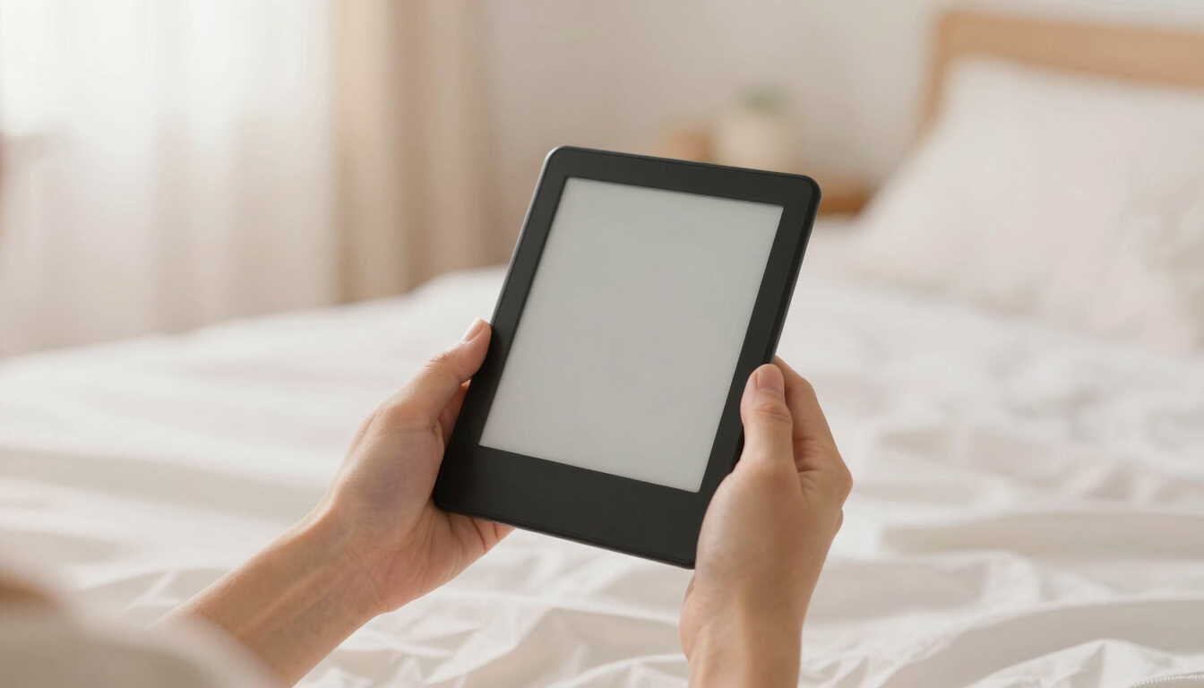 Soft lifestyle photography of hands holding an e-reader in a cozy bedroom setting, soft diffused morning light, warm morning glow, gentle pastel tones, 35mm film style.