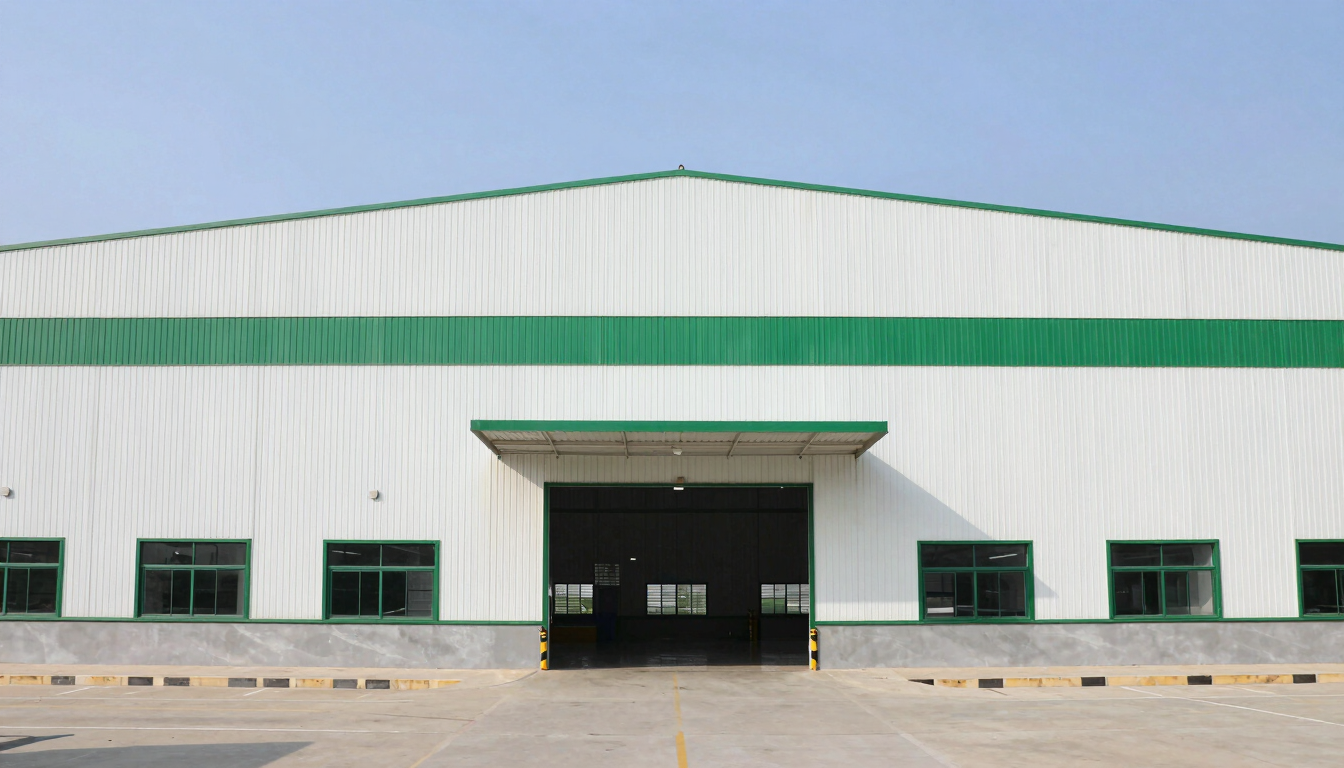 industrial warehouse building with white metal siding and green accents under a clear blue sky.
