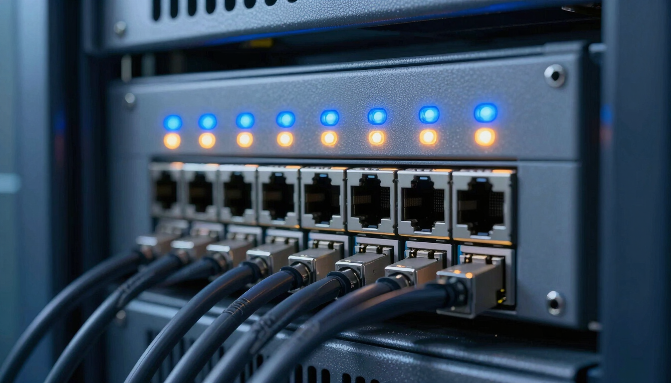 Macro shot of clean enterprise server rack cabling, blue and amber status LEDs glowing, sharp focus on RJ45 ports, cool technical lighting.