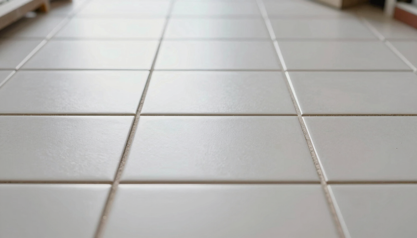 Straight-on architectural macro shot of a perfectly aligned tile installation, pristine white grout lines, bright natural daylight, clean and organized workspace.