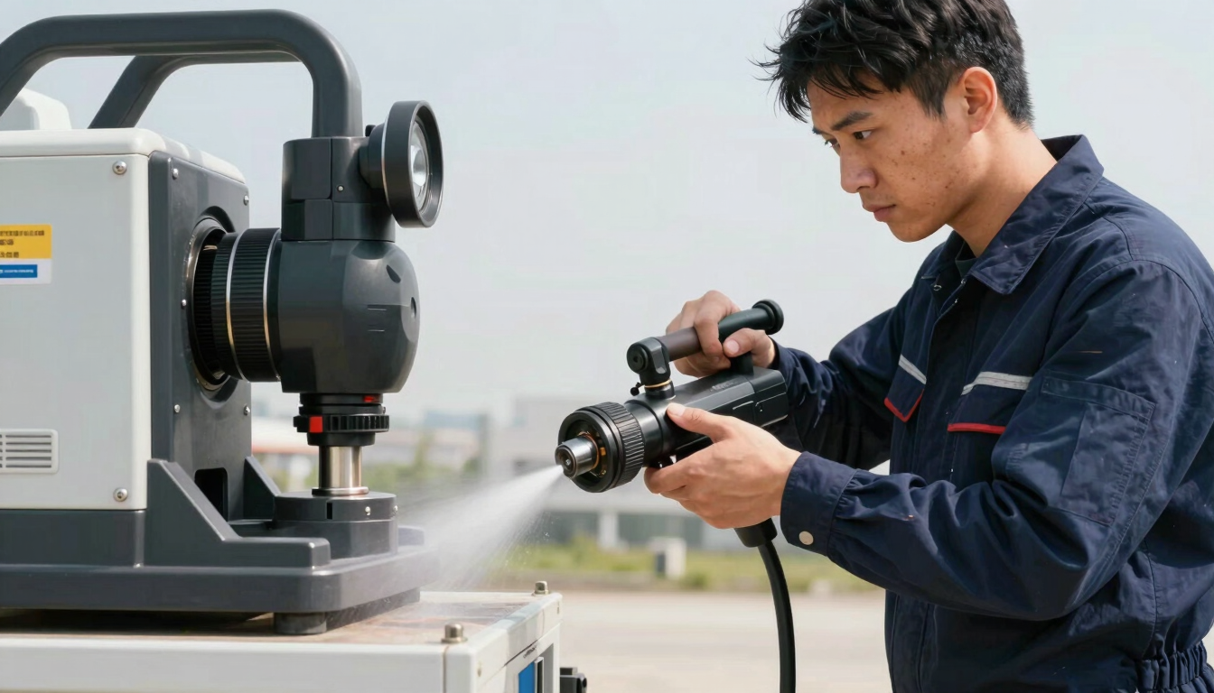 A technician in a clean navy blue uniform operating a high-pressure hydro-jetting machine with professional focus, bright daylight.