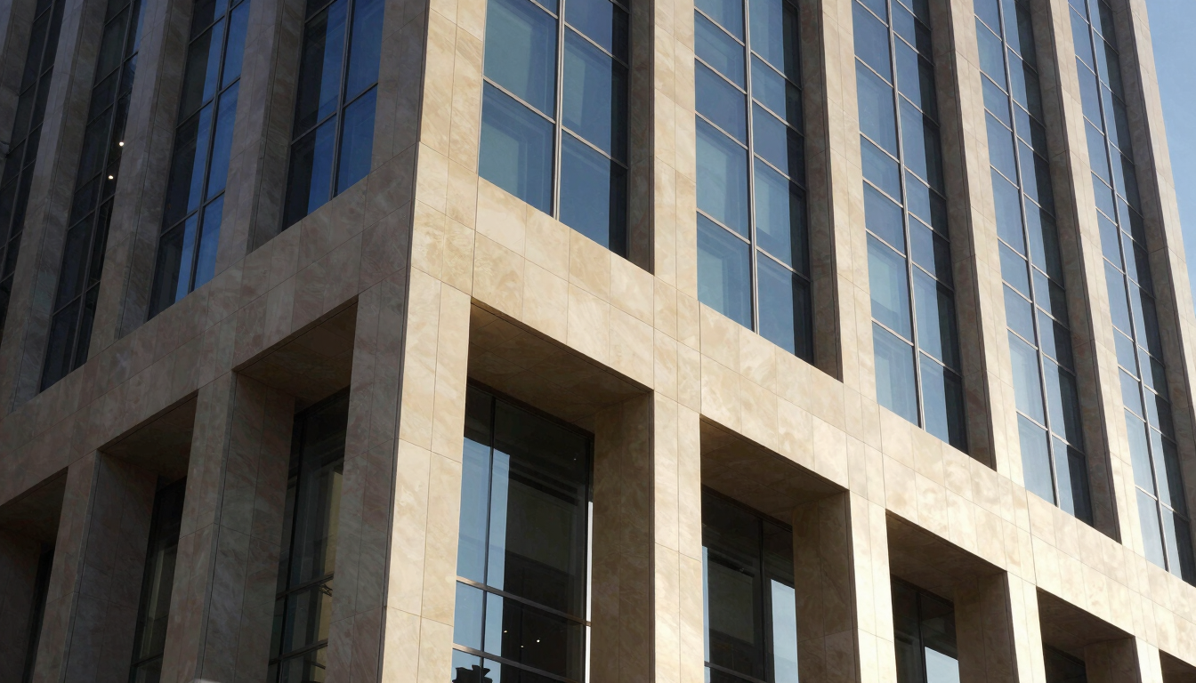 A close-up architectural shot of modern glass and steel facade of a banking headquarters in Doha, bright daylight, sharp focus on premium materials.