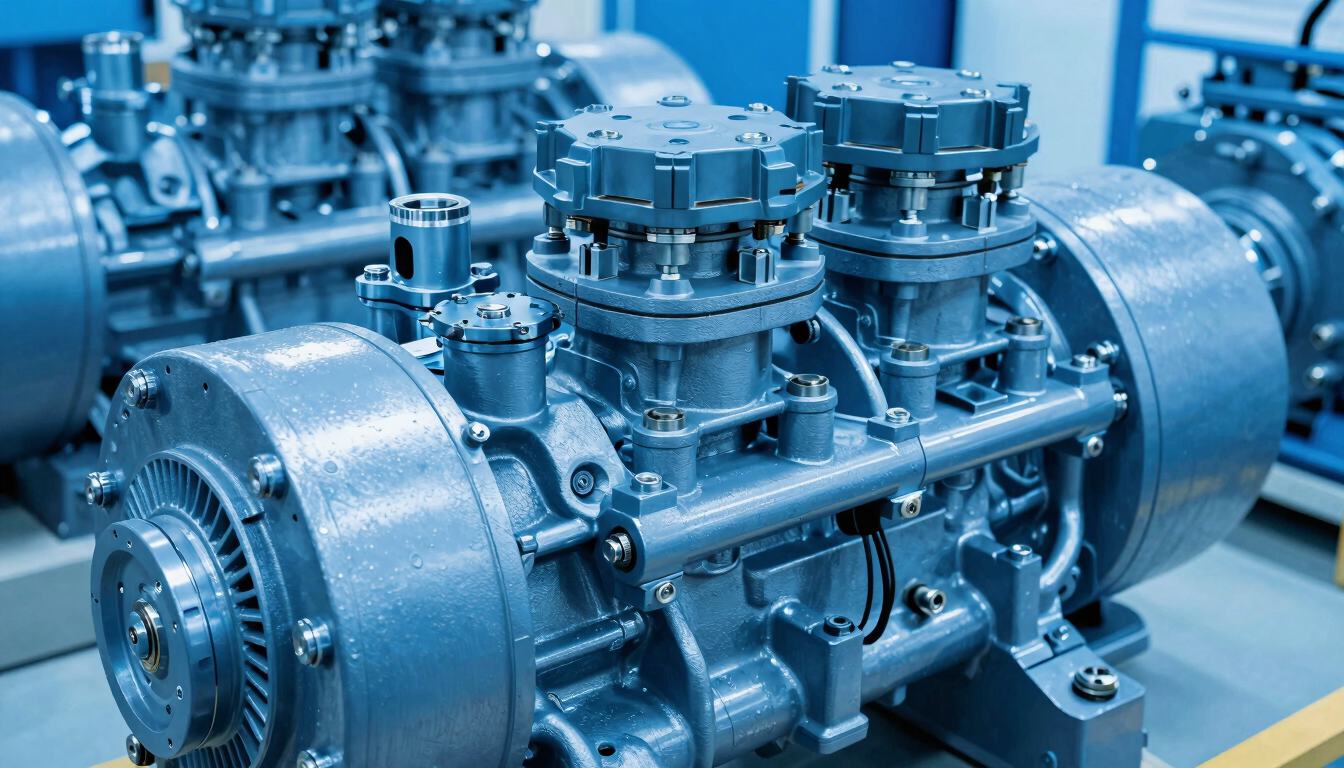 Close-up of a high-capacity industrial chiller compressor and valves, cool blue ambient light, sharp metallic textures, 35mm.