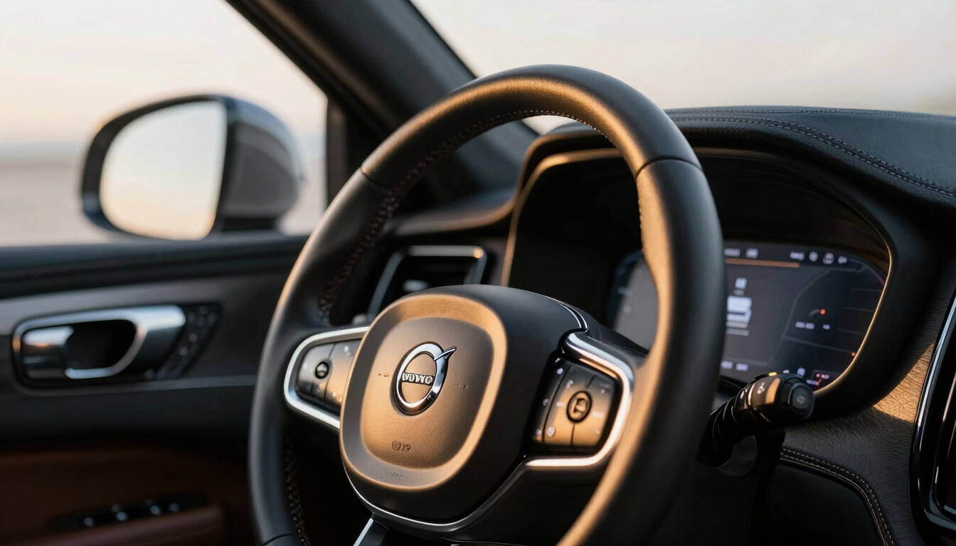 Close-up of a premium leather steering wheel and digital dashboard console of a modern Volvo SUV, golden hour window light, shallow depth of field, 35mm