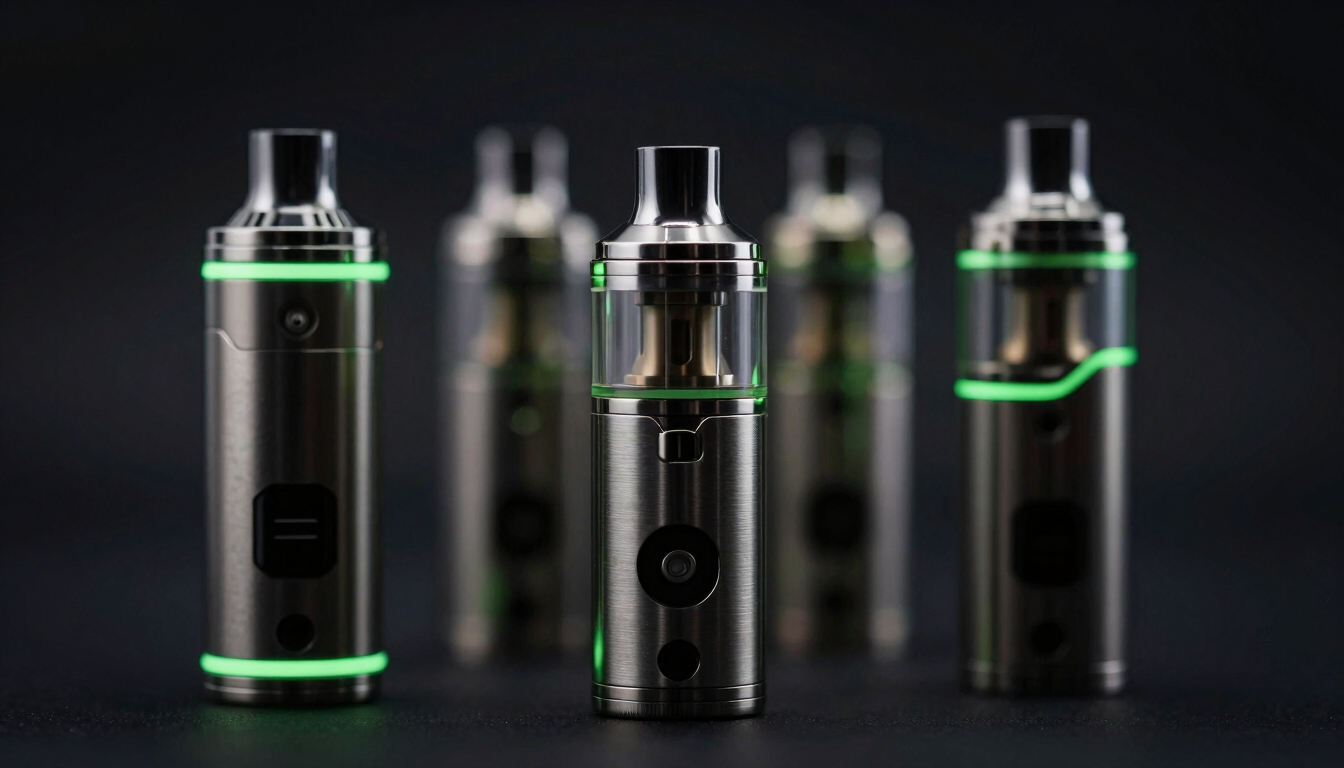 Macro shot of metallic vape hardware and sleek pods, neon green rim lighting, dark studio background, portrait aspect