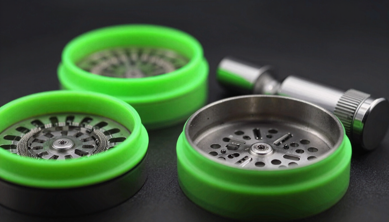 Macro shot of glass smoking accessories and clean metal grinders, neon green rim lighting, dark studio background, portrait aspect
