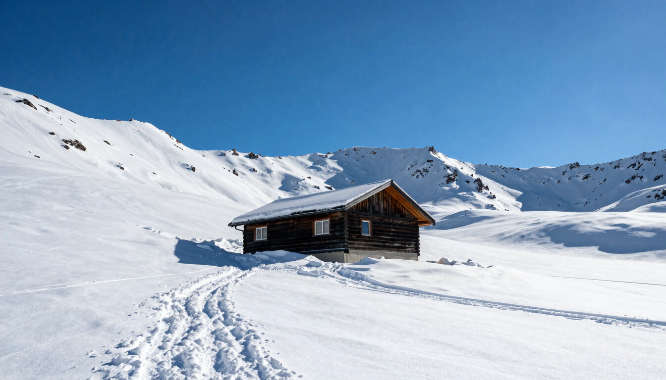 Vertical portrait of a lonely mountain patrol cabin surrounded by deep fresh powder snow, high-contrast crisp winter sun, 35mm