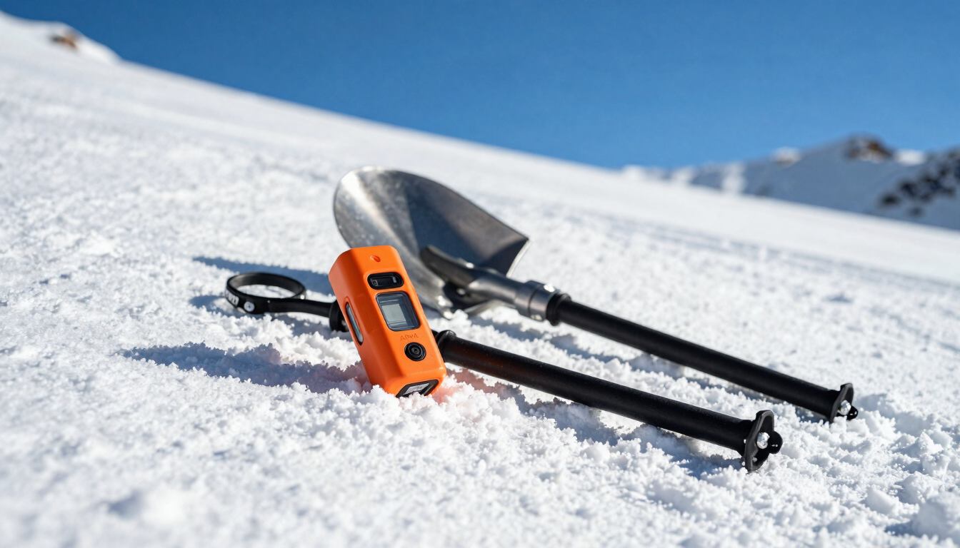 Crisp close-up of professional ski safety gear, an orange ARVA beacon, a metal shovel, and a folded probe lying on fresh powder snow under high-altitude winter sun, 35mm.