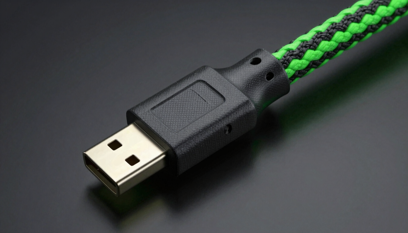 Tight macro shot of a coiled braided USB-C cable showing ultra-detailed fabric texture, neon green rim lighting, dark reflective background, sleek 3D render style