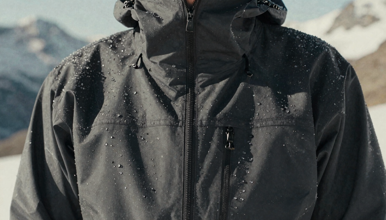 Close-up of a technical hardshell jacket covered in ice droplets, alpine environment, harsh high-contrast natural light, desaturated tones