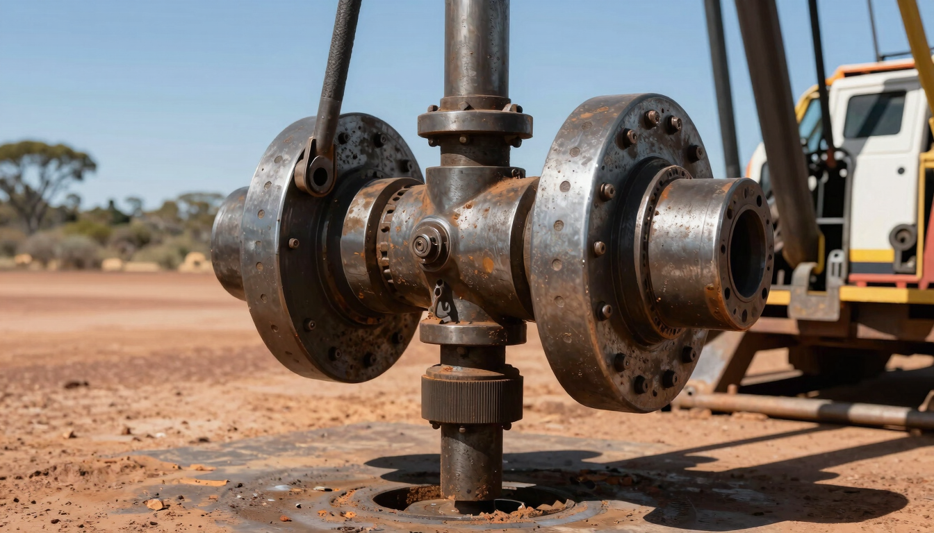 Close-up macro shot of heavy steel drilling equipment on a Western Australian rig, harsh natural daylight, high-contrast shadows