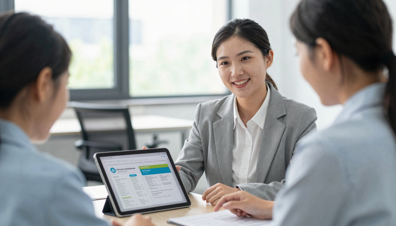 A professional academic counselor in a bright office, showing course modules on a tablet to an attentive student, natural daylight, shallow depth of field.