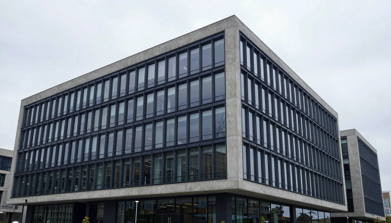 Wide architectural perspective of a modern, organized concrete and glass office building, cool bright overcast daylight, minimalist lines, 35mm