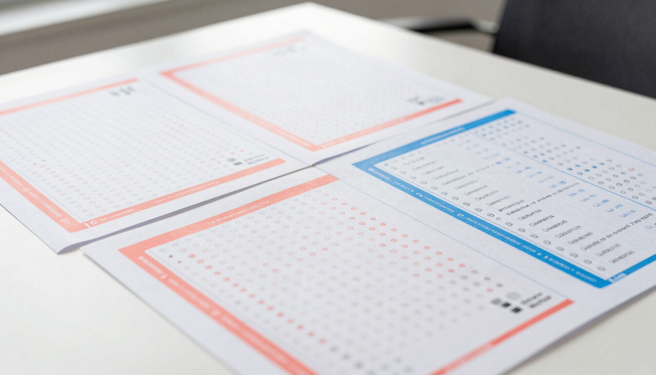 A close-up editorial photograph of physical assessment materials, colorful aptitude test sheets with vibrant coral and blue markings, modern desk setting, natural daylight, 35mm