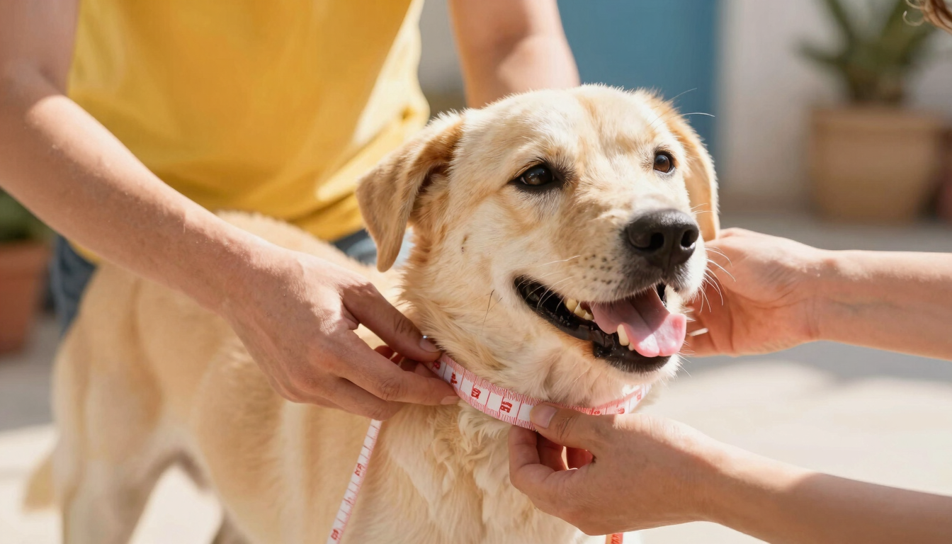 Warm editorial close-up of hands gently measuring a happy dog's chest with a soft measuring tape, bright natural daylight, Celaya workshop.
