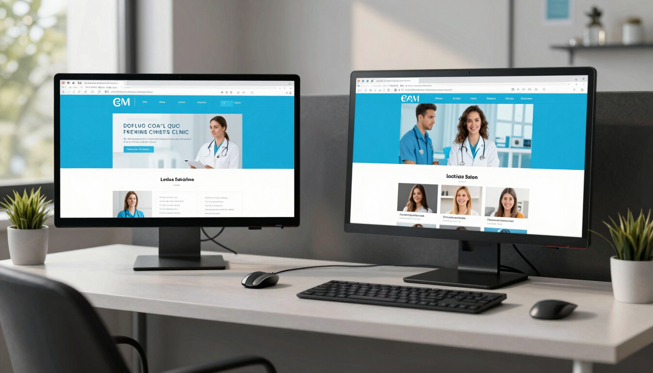 Wide panoramic view of a clean, modern design system workspace, showing side-by-side browser layouts of a medical clinic website and a local salon portal, vibrant electric-blue highlights, daylight.
