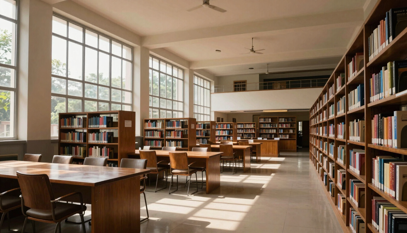 Wide-angle architectural photograph of an elite engineering college library in South India, warm natural daylight streaming through high windows, structured wooden bookshelves and study desks, soft shadows.
