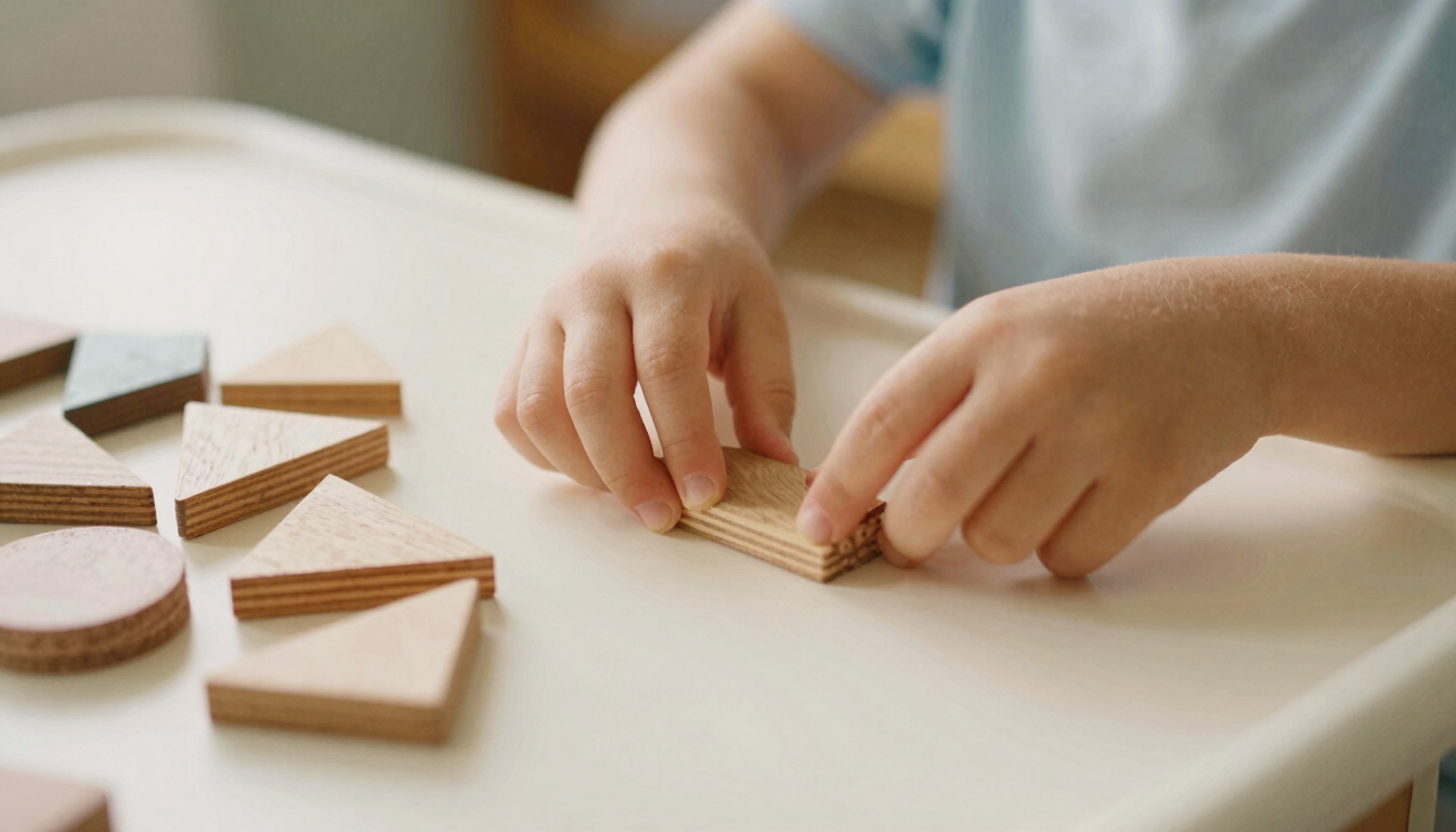 Close-up of a child's hands carefully arranging wooden geometric shapes on a low cream-colored table, warm morning daylight streaming in, shallow depth of field, soft pastel tones, 35mm film style.