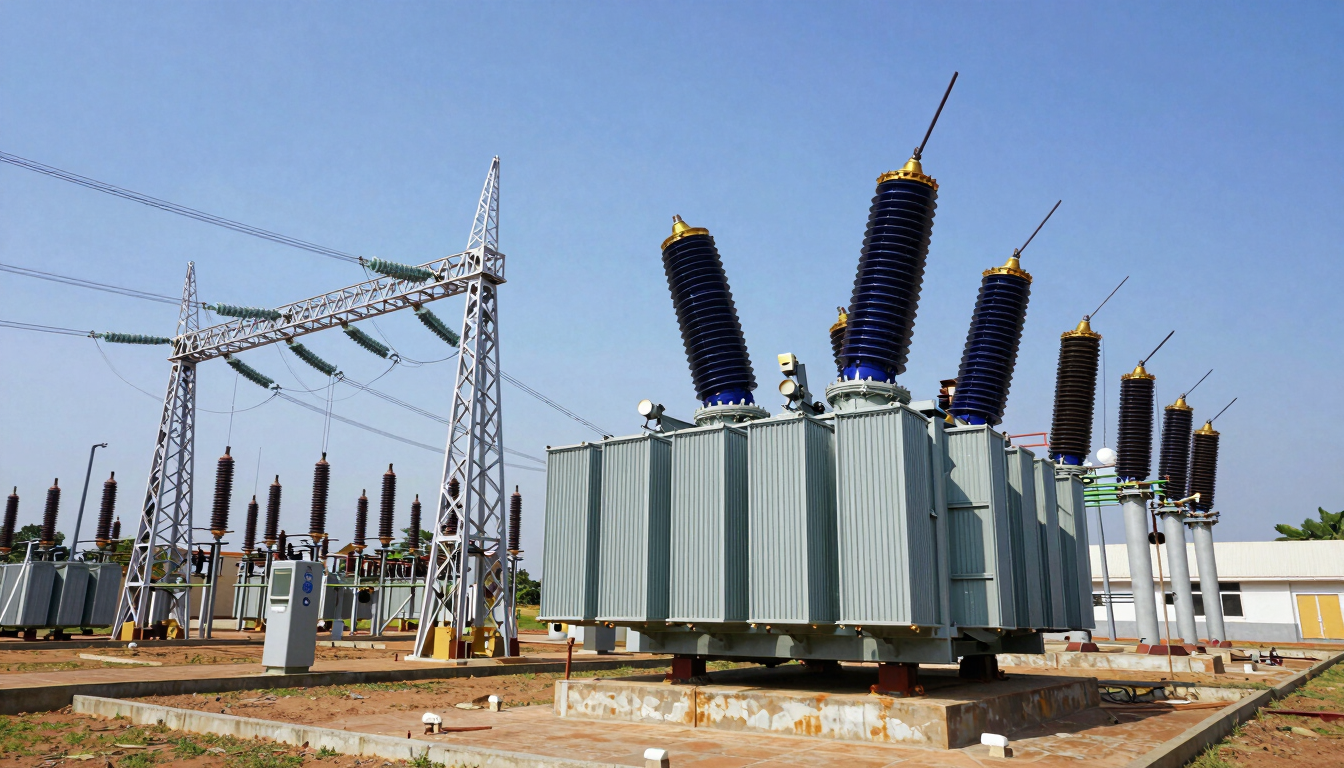 Wide-angle architectural shot of a massive electrical substation in Nigeria, high-voltage transformers under crisp bright daylight, blue sky, professional industrial photography, 35mm.