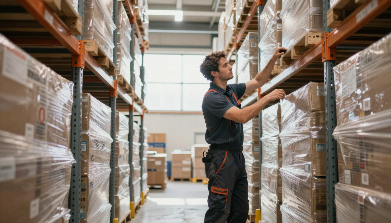 Dynamic medium-wide shot of a focused Dutch logistics worker organizing inventory in a bright, modern warehouse, daylight streaming in, 35mm lens, high contrast.