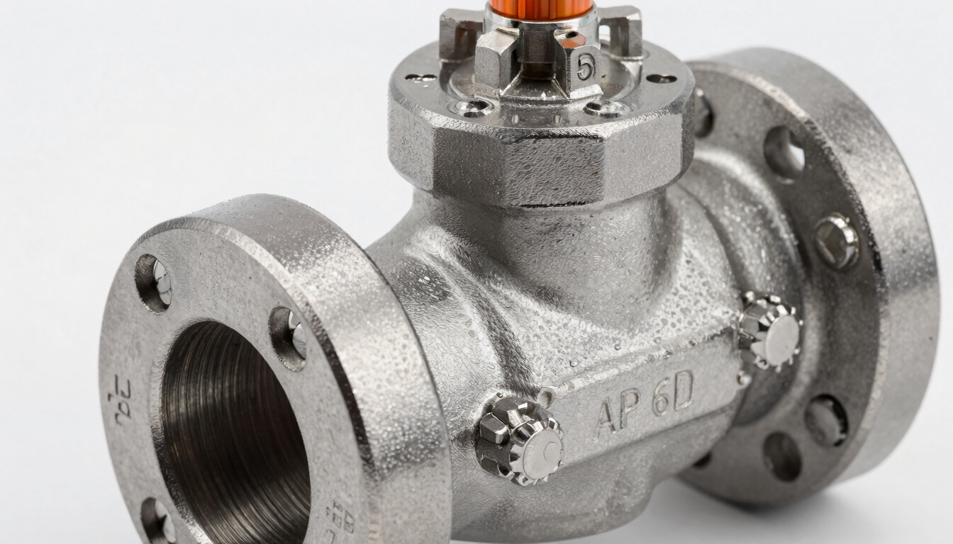 Macro detail shot of a pristine steel globe valve flange showing API 6D cast markings, sharp technical daylight, metallic gray tones