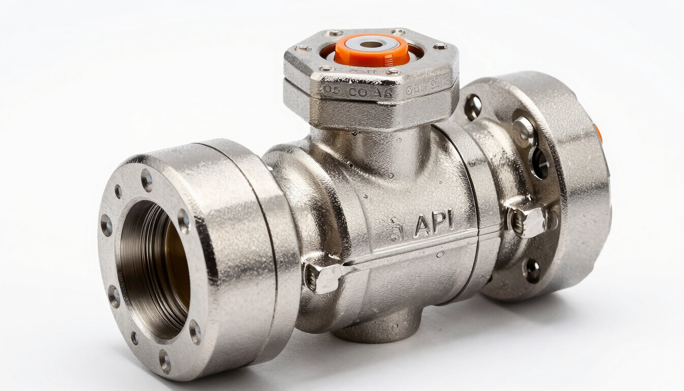 Macro studio shot of a newly manufactured stainless steel ball valve with crisp API casting stamps, high-contrast technical lighting