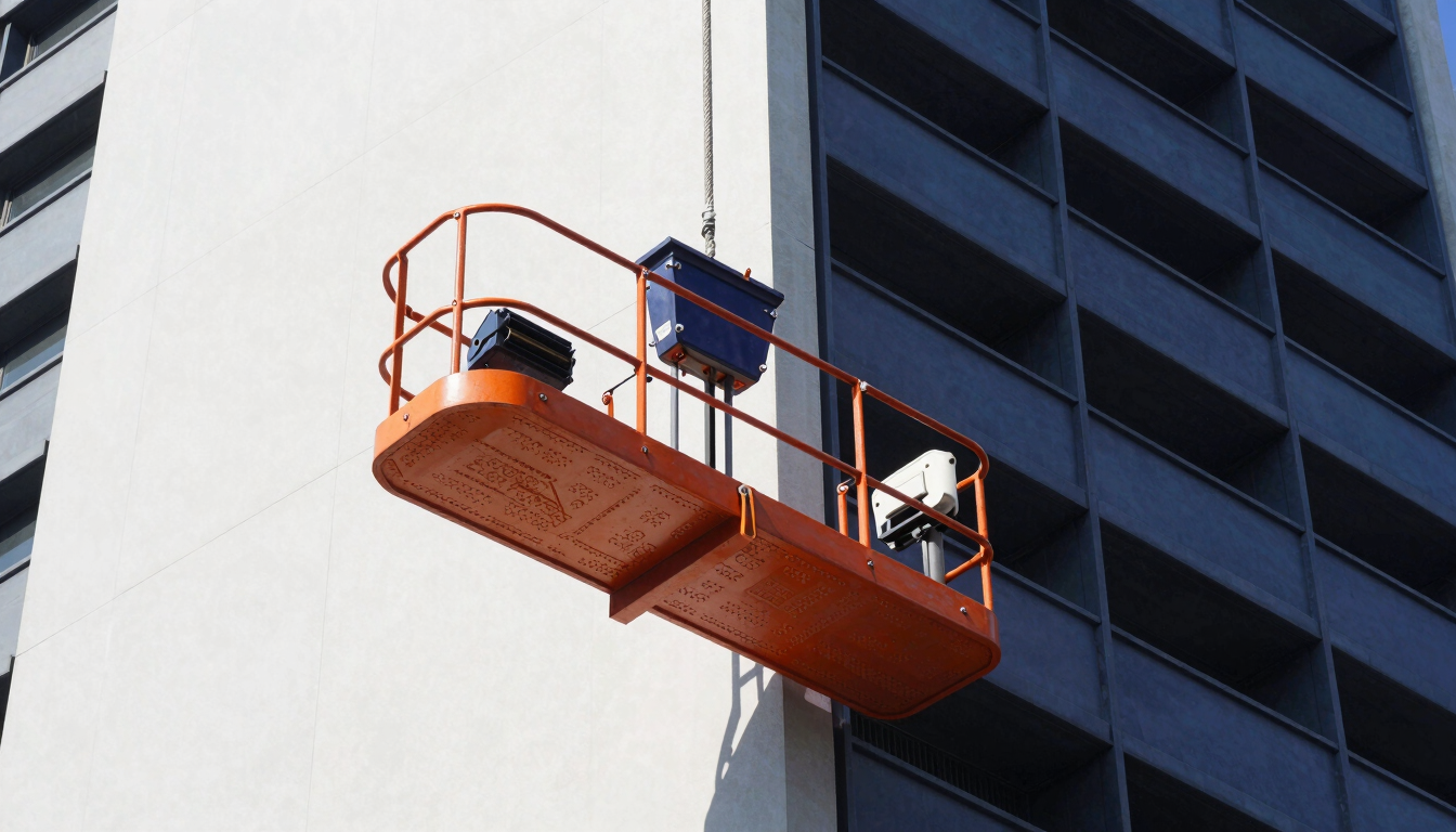 A crisp industrial portrait of a modern rope suspended platform mounted on a clean high-rise facade under bright daylight, safety orange and navy blue details.