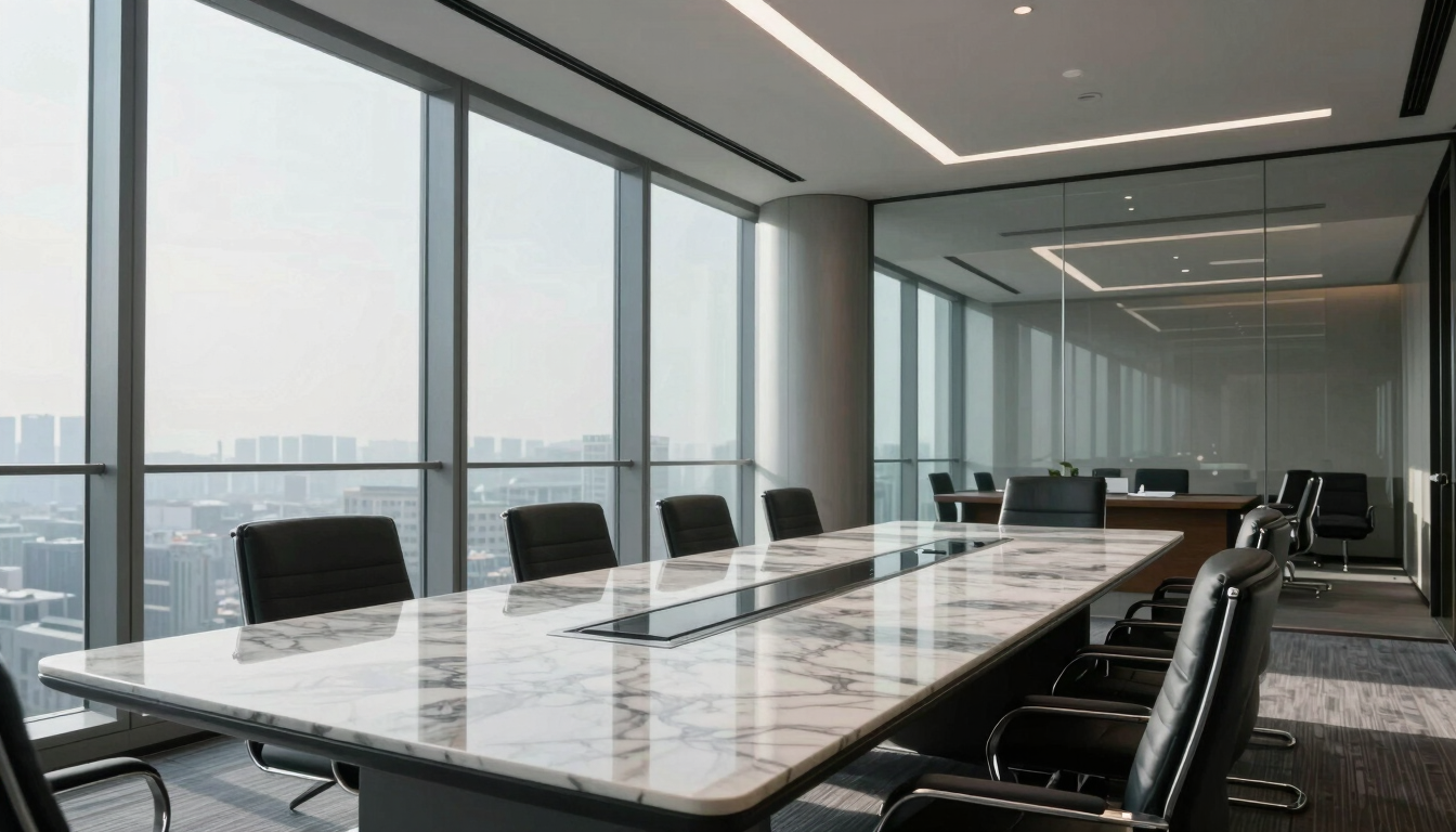 Wide-angle architectural perspective of an empty modern executive boardroom with a polished marble table, glass and steel structural elements, cool morning daylight streaming through floor-to-ceiling windows.