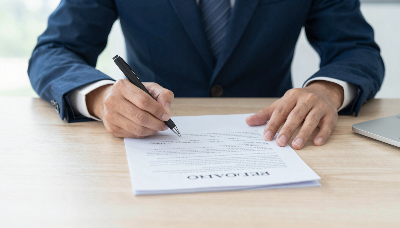 Close-up of hands signing official corporate contract on a clean wooden desk, natural light, professional blue tones