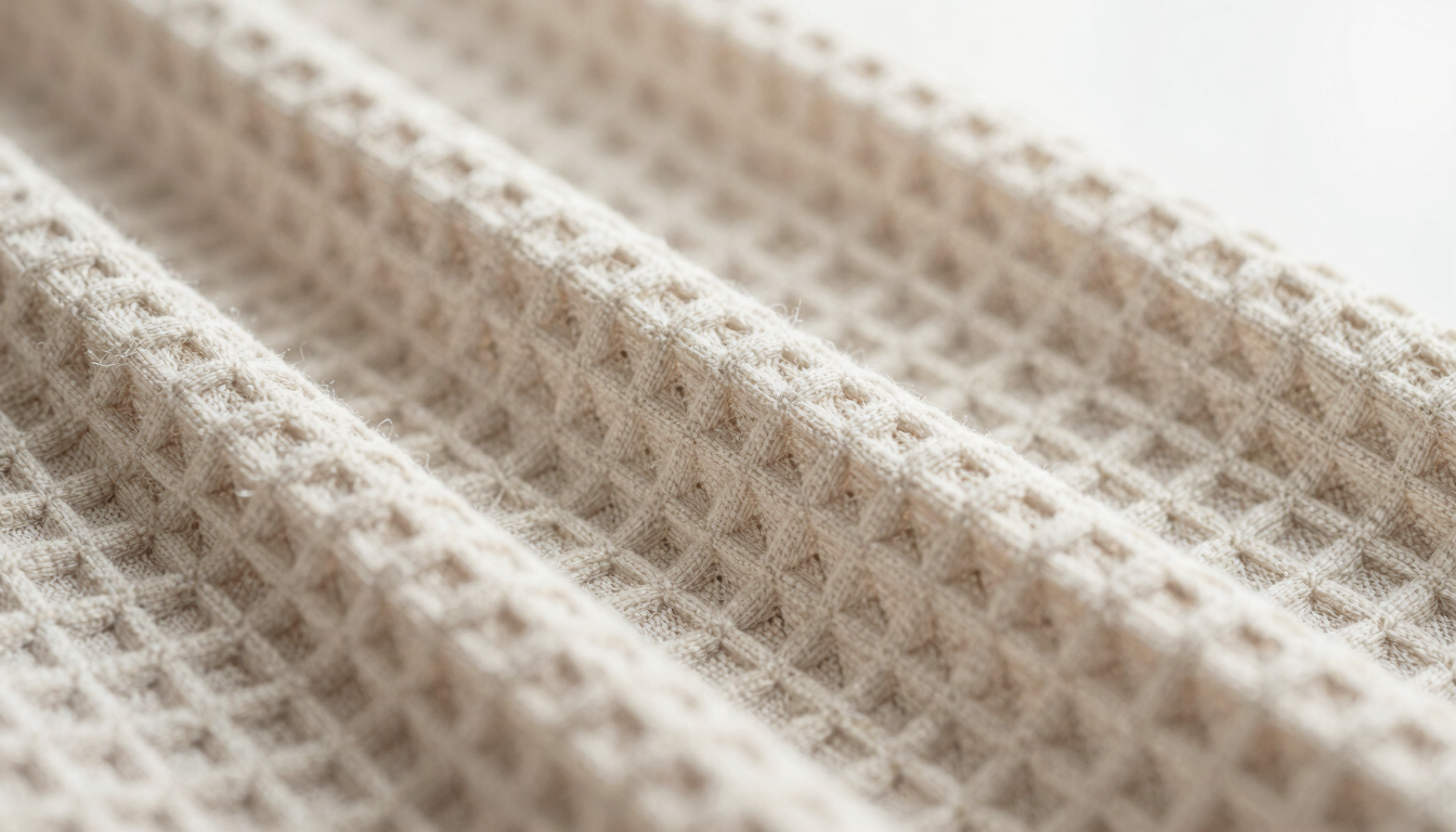Macro close-up of unbleached cotton-linen waffle weave texture, showing the deep thirsty pockets, soft clean shadows, bright indirect window light