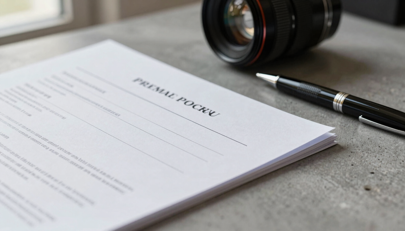 Macro close-up of premium corporate stationery, structured legal documents, and a sleek pen resting on a cool gray concrete desk under soft natural window light.