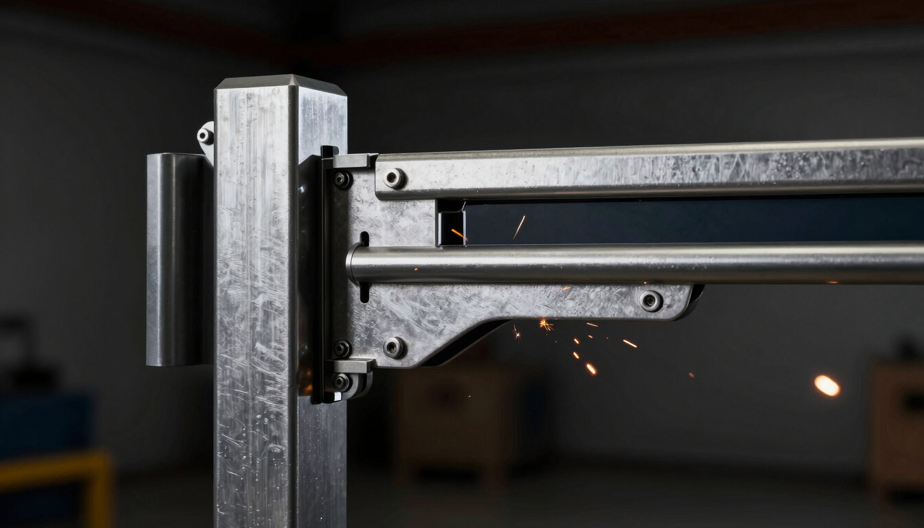 Close-up of a sleek automatic gate arm mechanism mounted on a heavy steel post, high-contrast workshop lighting, metallic textures, 35mm