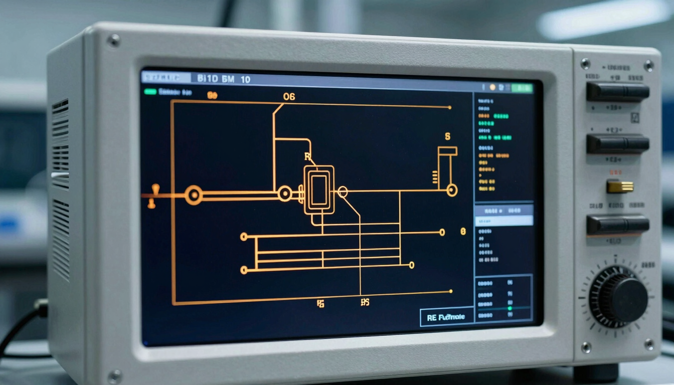 High-precision PCB schematic on a spectrum analyzer display inside a dark RF testing laboratory, glowing amber lines, technical interface, cool clinical lighting