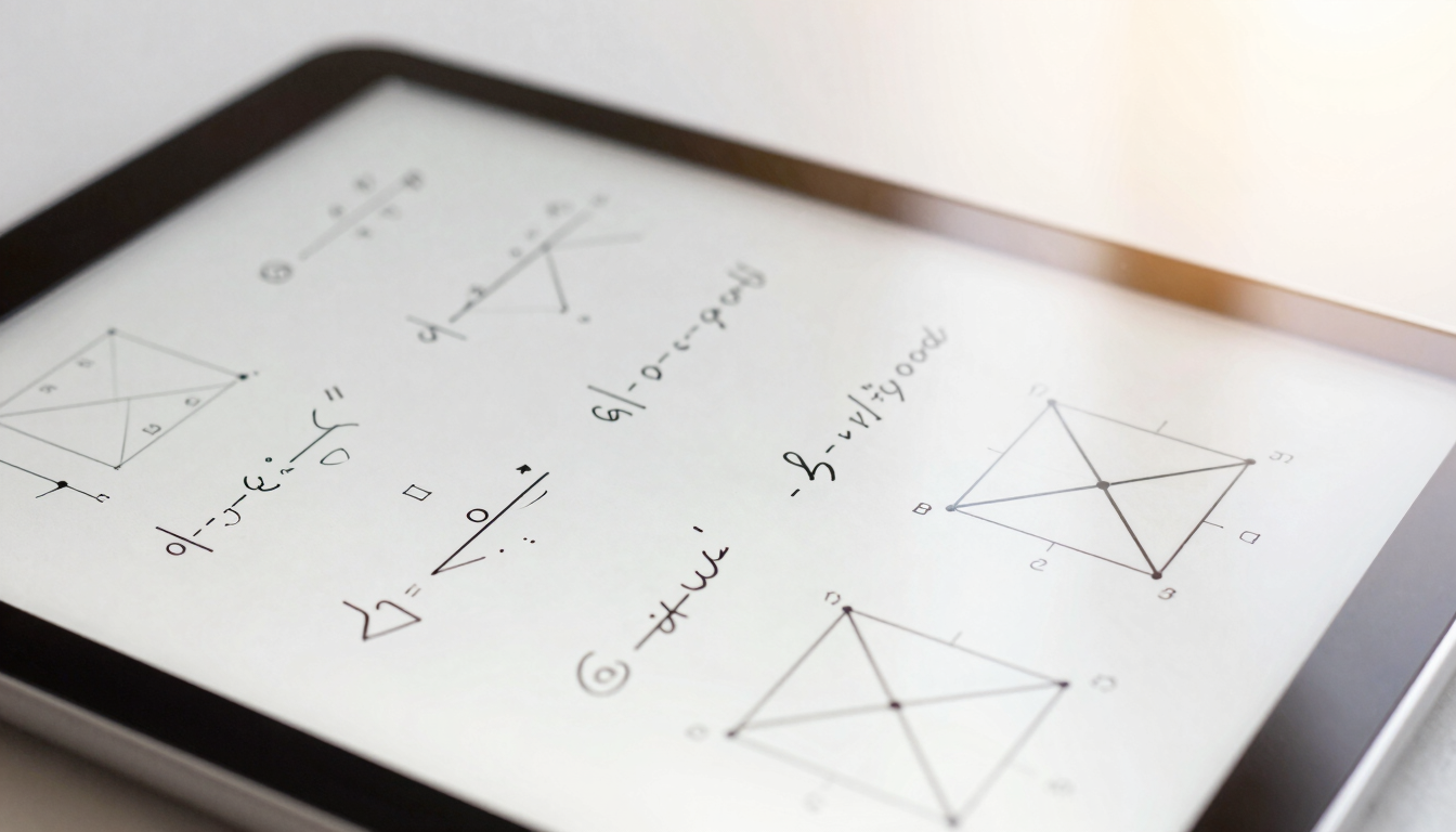 A close-up of a digital tablet displaying handwritten calculus formulas and neat geometric diagrams, soft daylight, warm clean tones