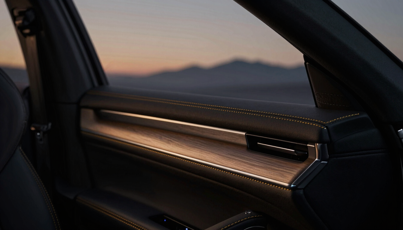 Close-up detail of a modern luxury vehicle interior, polished leather and gold stitching under dramatic low-key studio lighting