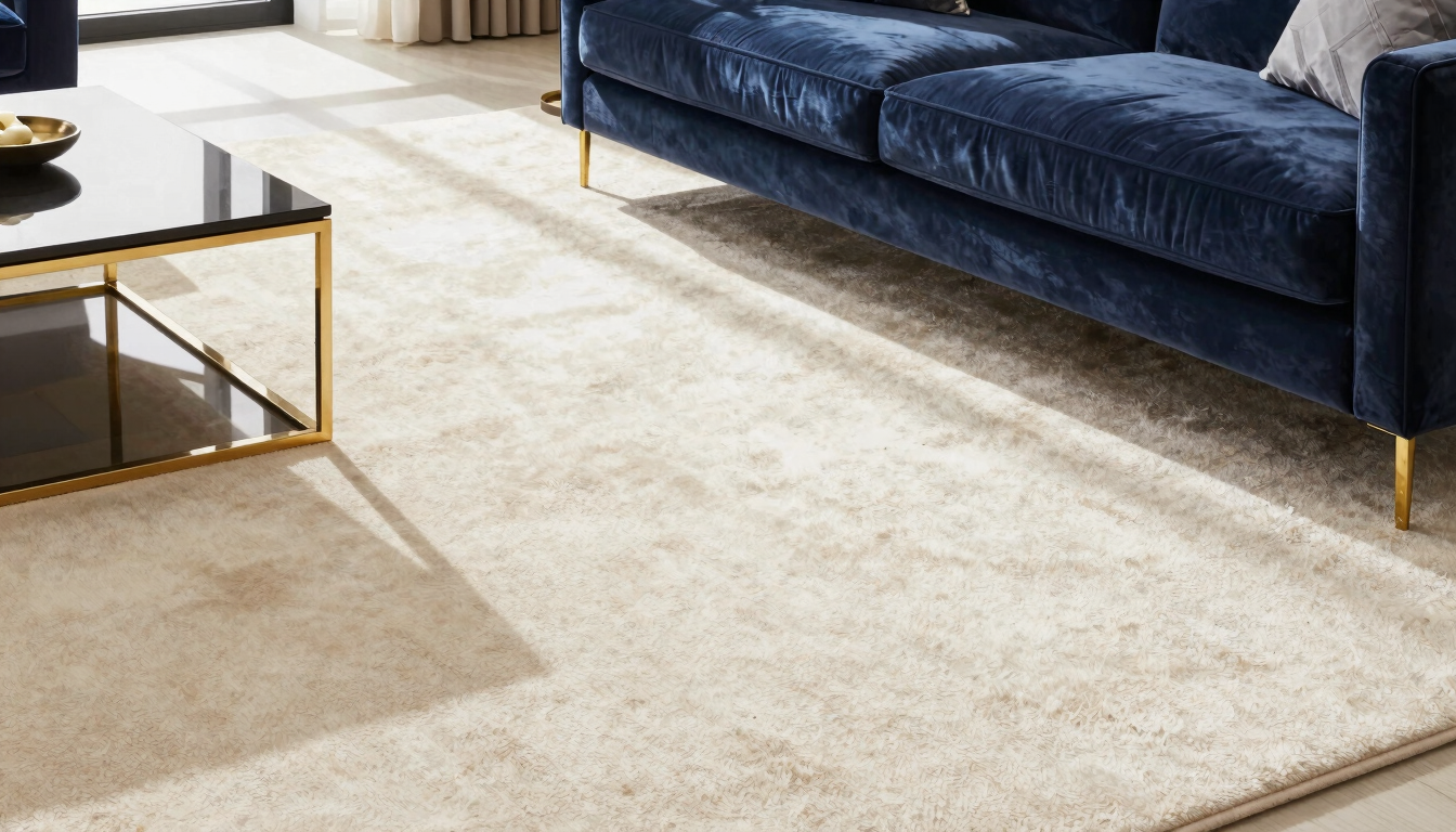 A bright, modern luxury living room with pristine cream carpets and a velvet sofa, natural daylight streaming in, architectural lens