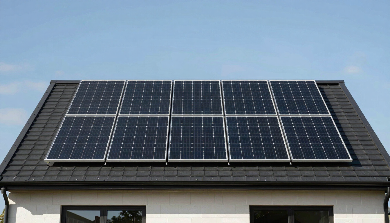 Architectural straight-on elevation of a modern home roof with clean black monocrystalline solar panels under harsh direct midday sun, sharp structural lines.