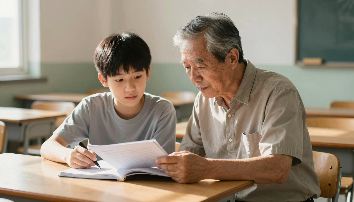 A medium shot of an older mentor sitting with a young student in a sunlit classroom, focusing on a workbook together with warm, natural daylight.