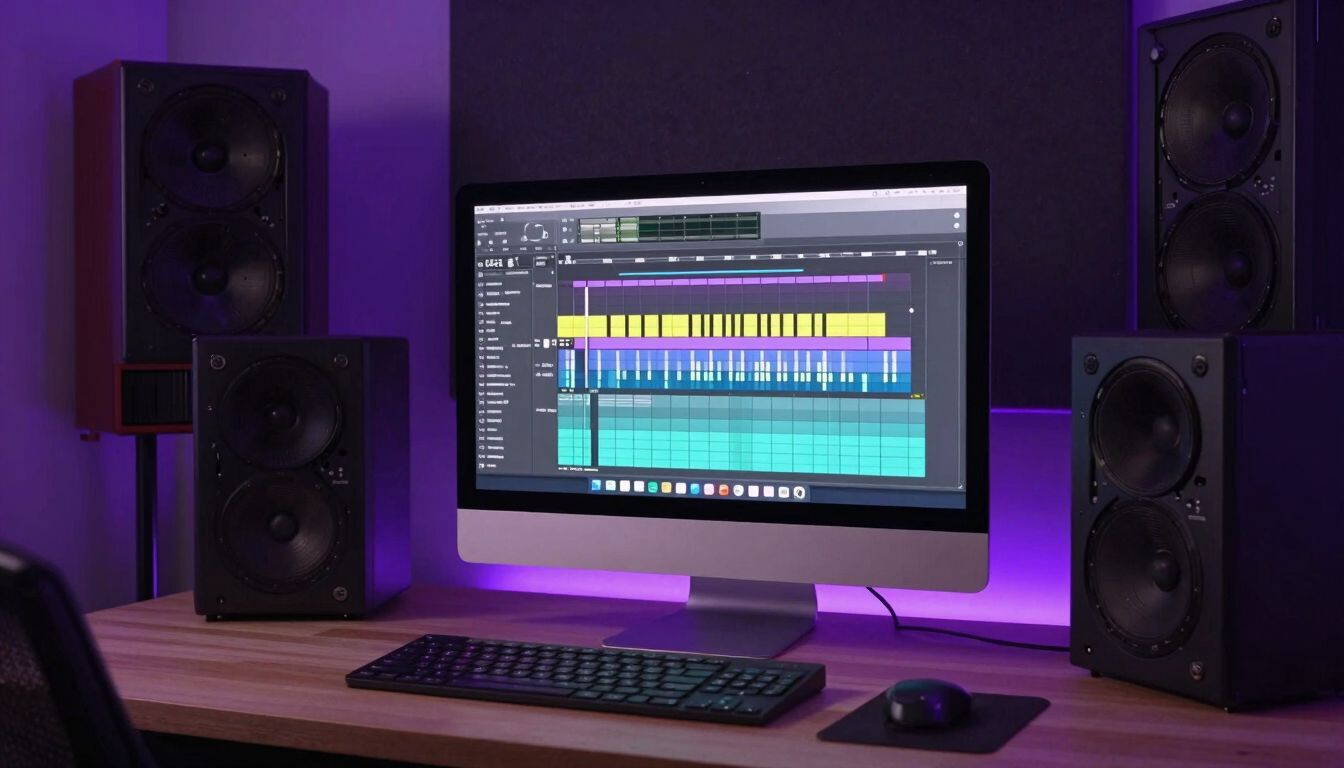 Wide environmental shot of a dark bedroom producer studio, glowing computer monitor showing FL Studio piano roll, neon purple LED strip lighting.