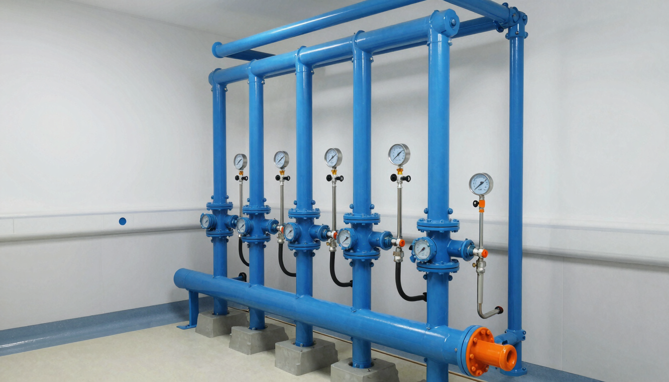 Wide shot of a clean, modern hospital mechanical room with blue pipes and diagnostic gauges, bright daylight, 35mm
