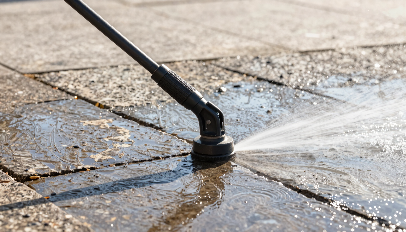 Close-up action shot of a high-precision pressure washer carving a crisp clean line through weathered stone walkway, bright direct morning sunlight, water spraying cleanly.
