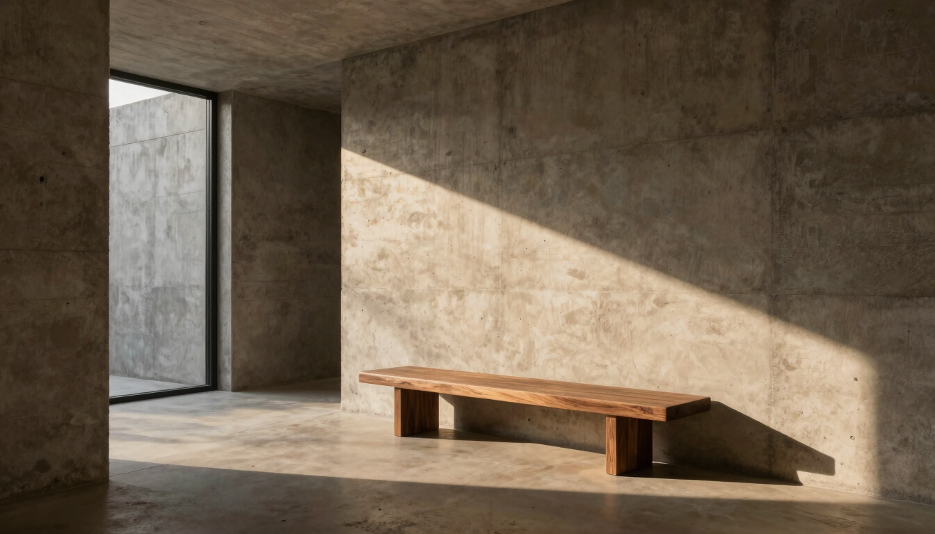 Minimalist residential corridor with raw concrete walls, a single monolithic walnut bench, dramatic golden hour light slicing across the floor, wide architectural elevation