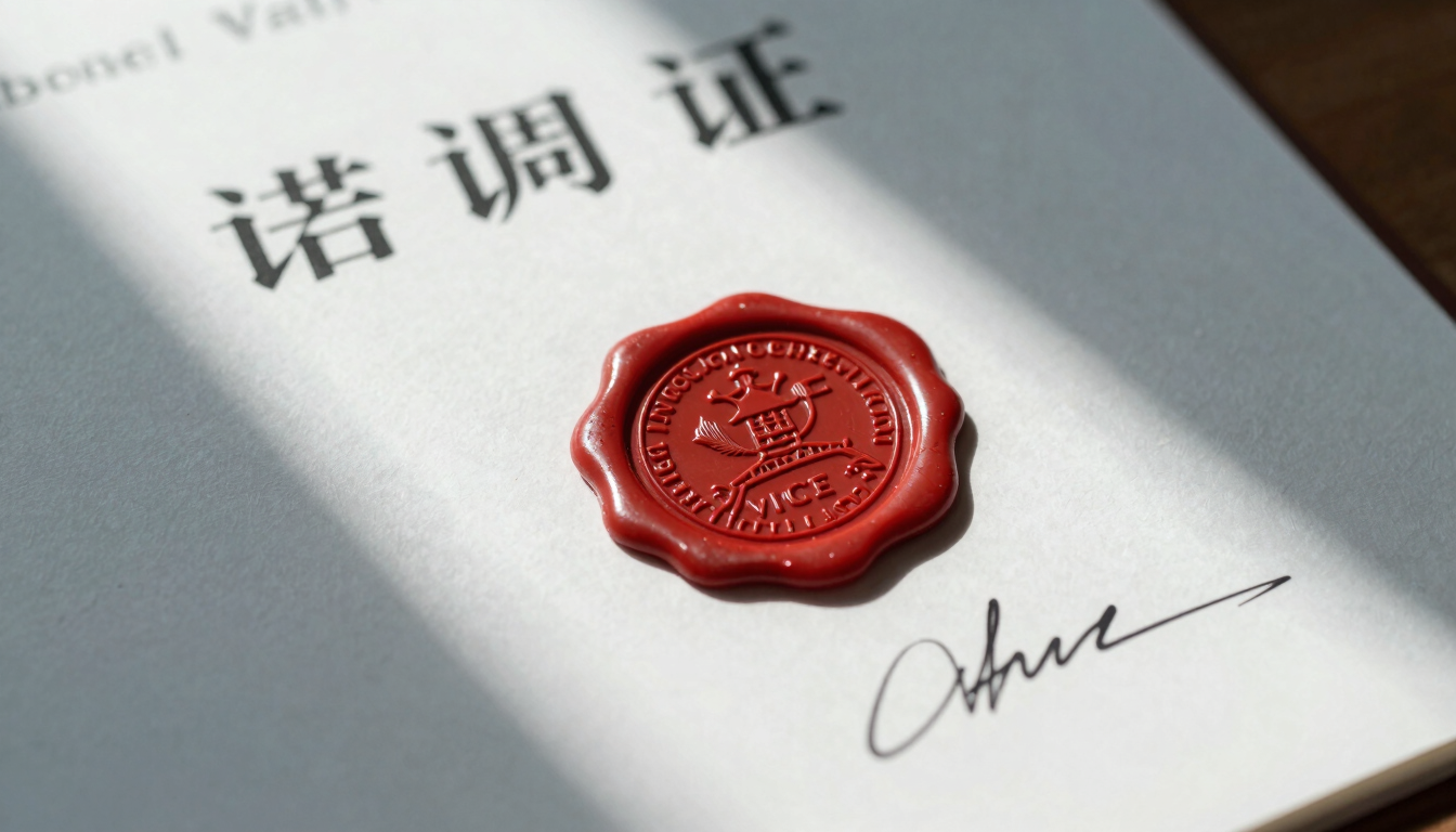 Macro close-up of a certified translation document with an official embossed red wax seal and signature, crisp cool daylight, architectural shadows, high clarity.
