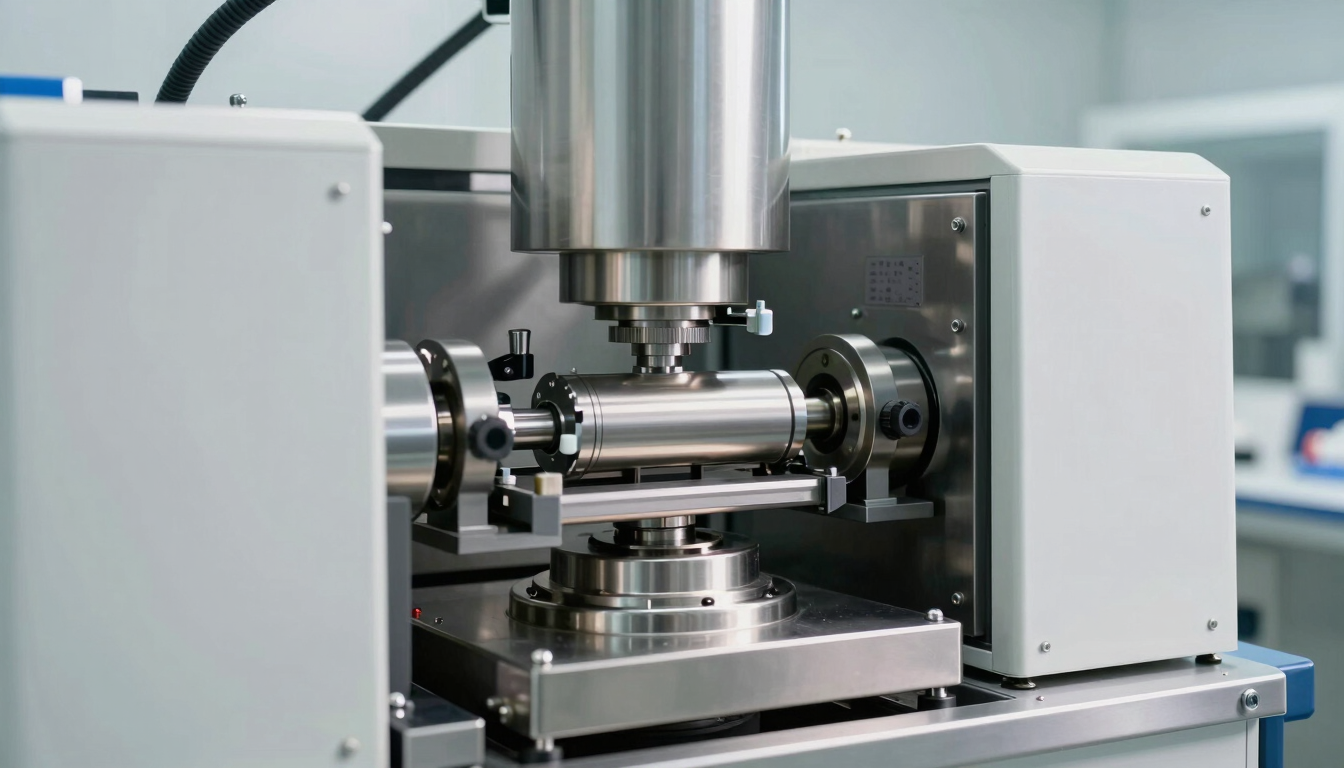 Close-up of a modern pharmaceutical tablet pressing machine in a sterile cleanroom, bright white daylight-balanced lighting, stainless steel equipment, high-scale medical manufacturing.