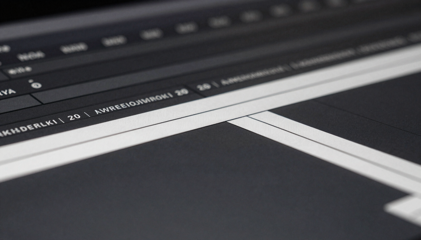 Macro close-up of a dark video editing timeline interface, high-contrast monochrome UI layout, sharp white tracks on deep grey screen, minimalist aesthetic