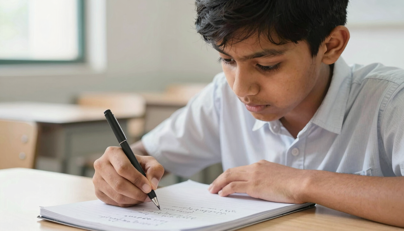 A close-up of a student in Hubballi writing physics formulas on a notepad, focused expression, soft natural classroom light